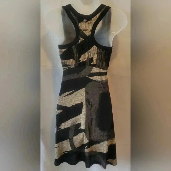 SIZE MEDIUM VINTAGE TAHERI Babydoll Dress Ruched Sleevless Racerback BLK/BRN/TAN - Picture 5 of 7